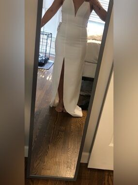 Aidan by Aidan Mattox White Plunging V-Neck Maxi Dress with Front Slit